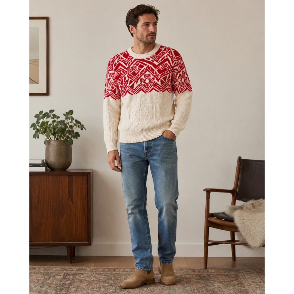 Sundays Sweater Red Cream Geometric Cable Knit Vintage 90s Mens XL